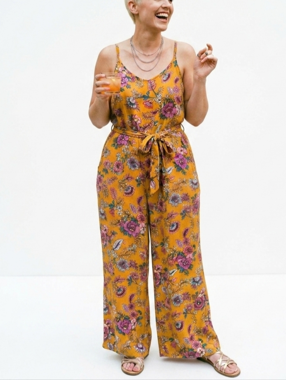 a.n.a Floral Wide Leg Jumpsuit Women's XXL Mustard Yellow Boho Summer Pockets